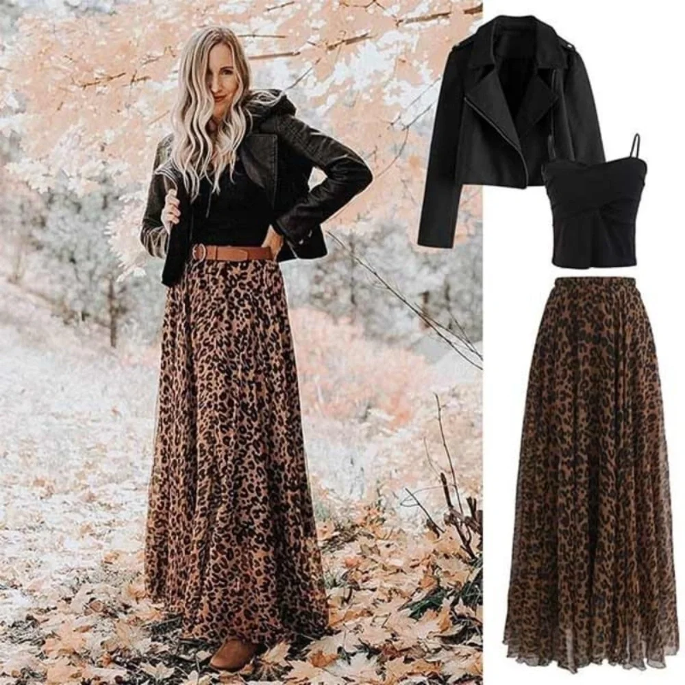 Boutique Satin Leopard Flowy A-Line Maxi Midi Skirt - Picture 4 of 16